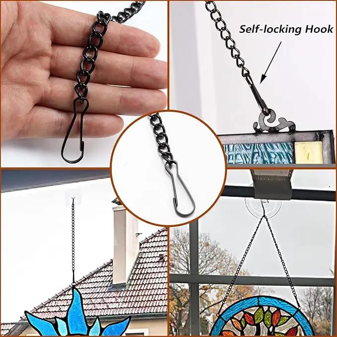 4 Pcs 20 Inch Stained Glass Window Hanging Chain with Suction Cup Hooks, Picture Hanging Chain Sunshine Catcher Black Metal Nickel Plating Stained Glass Window Panels Chains by GreenHaven Gardens