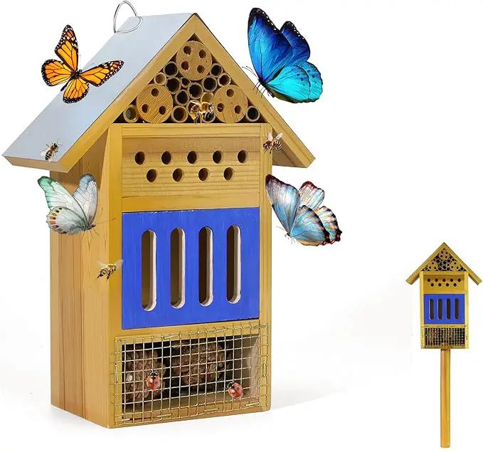 Wooden Butterfly House & Bee House for The Garden, Durable Bug Hotel W/Wooden Stake and Iron Roof, Insect Habitat On The Ground Or Hanging On The Tree, for Butterfly, Bee, Ladybug, Bug by GreenHaven Gardens