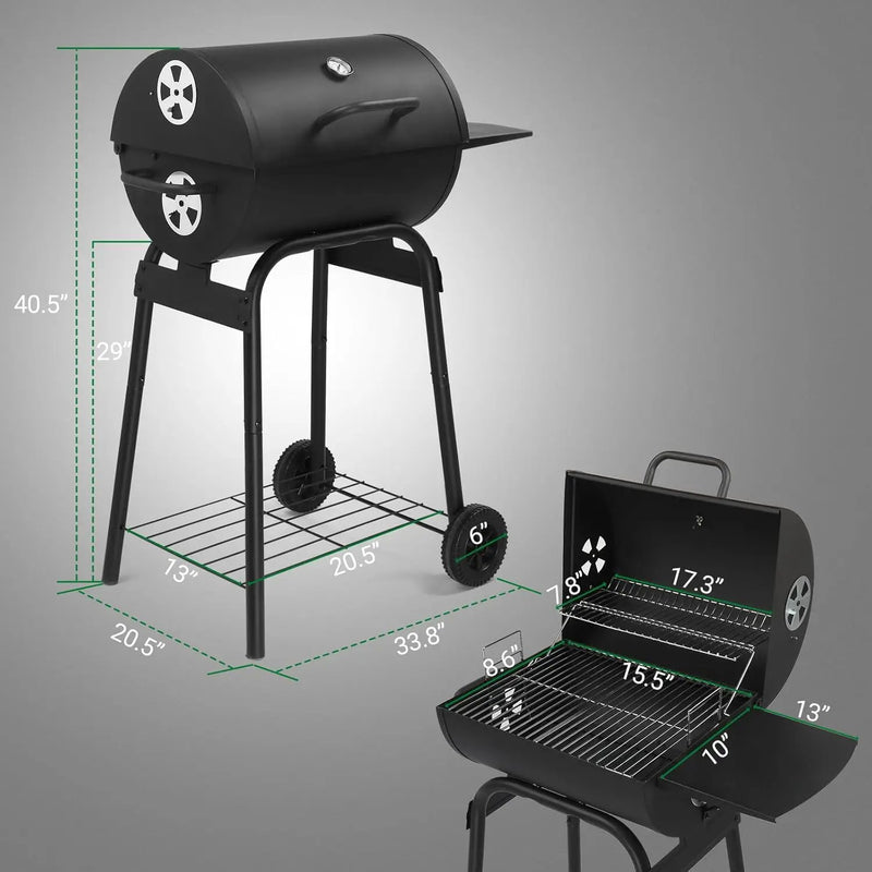 VINGLI Barrel Charcoal Grill with Side Table, BBQ Grill Outdoor Smoker Grill with Wheels for Party Garden Patio and Backyard Cooking by GreenHaven Gardens