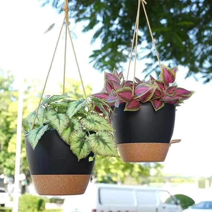 10 Inch Self Watering Hanging Pots, 2 Pack Hanging Planters with 40oZ Deep Reservior for Indoor Outdoor Plants Flowers, Black with Brown by GreenHaven Gardens