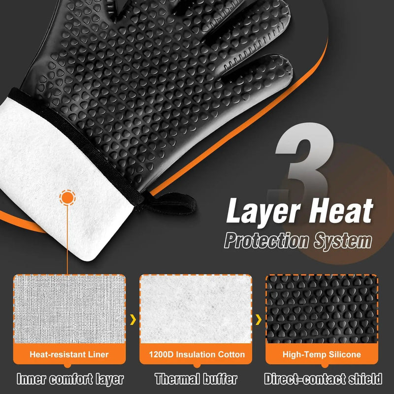 Walfos Silicone BBQ Gloves - Heat Resistant Grilling Gloves, Premium Non-Slip Kitchen Silicone Oven Mitt With Protective Cotton Layer Inside, Waterproof, Great for Grilling, Kitchen and Cooking, Black by GreenHaven Gardens