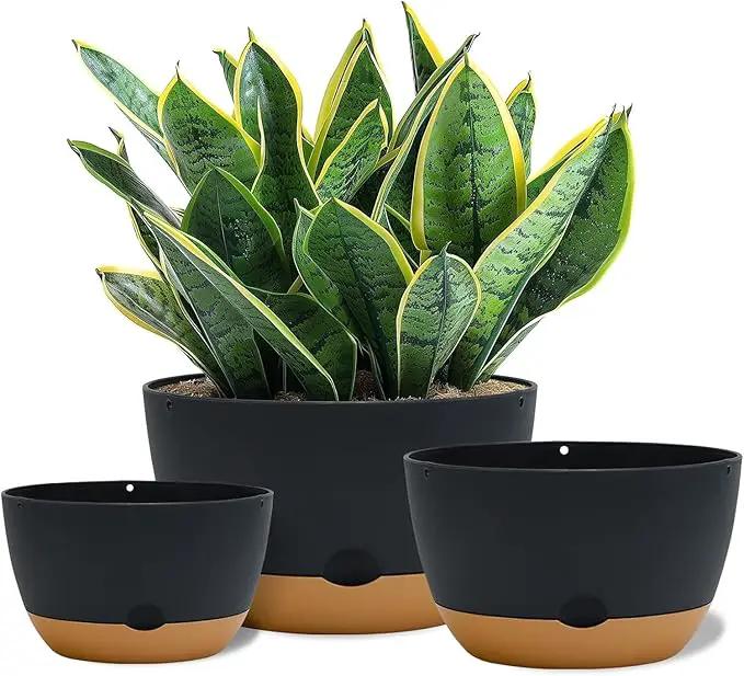 12 Inch Pots for Indoor Plants, Large Self Watering Planters with Drainage and Saucers, Plastic Outdoor Flower Pot, Set of 2, Grey by GreenHaven Gardens