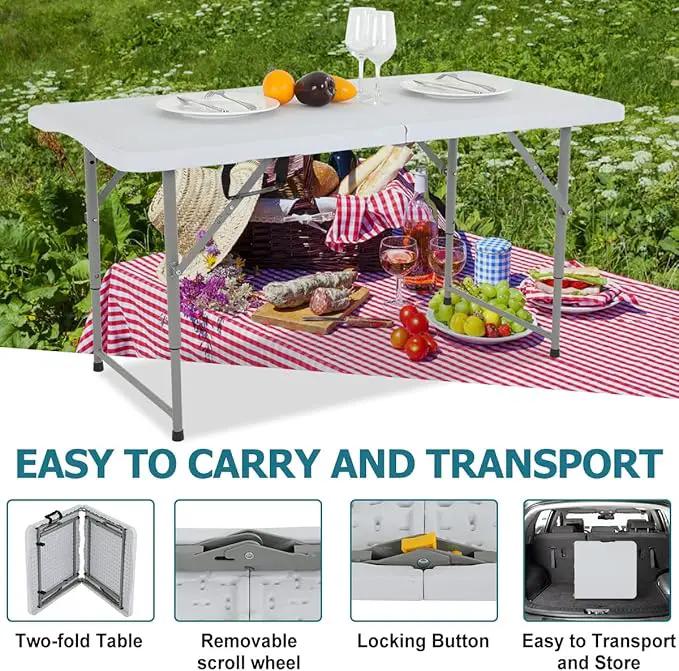 4FT Folding Table, Height Adjustable Table, Heavy Duty Plastic Tables Portable Fold-in-Half Utility Table w/Handle & Lock for Camping BBQ Party Banquet Wedding Market Events, 330LBS by GreenHaven Gardens