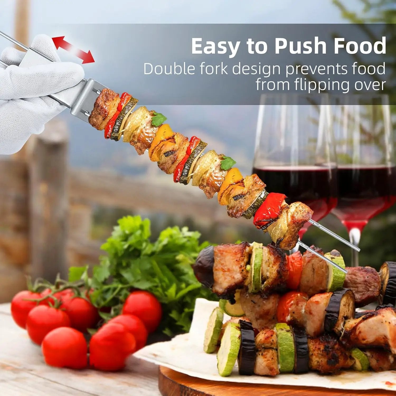 Kabob Skewers - 17" 12 Pack Metal Skewers For Kabobs with Push Bar Double Pronged Anti-Roll Flat BBQ Skewer for Grilling Stainless Steel Reusable Kebab Skewer for Meat Shrimp Chicken Veggie by GreenHaven Gardens