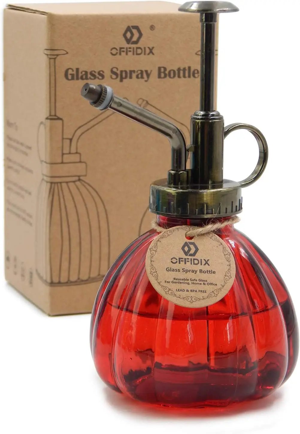 OFFIDIX Plant Glass Spray Bottle,Flower Mister Indoor Plant Watering Can Pot 6.3" Tall Vintage Pumpkin Style with Bronze Plastic Top Pump One Hand Small Watering Cans for House Plants(Red) by GreenHaven Gardens