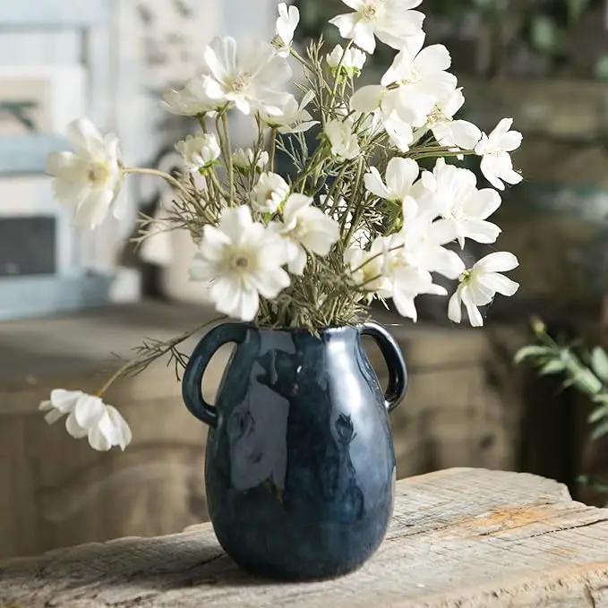 Blue Ceramic Vase with 2 Handles, Modern Farmhouse Decor, Rustic Terracotta Pottery, Decorative Flower Vases, Clay Small Vase, Centerpiece for Dining Table - 7 Inch Tall by GreenHaven Gardens