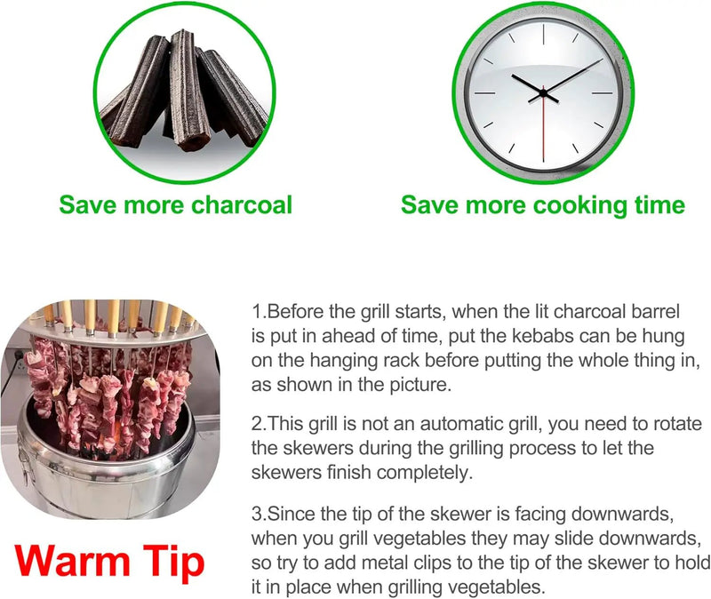 Portable Smokeless Barbecue Charcoal Barrel Grill, Stainless Steel Surround Charcoal kebab Grill with 28 Skewers and BBQ Grill Cooking Grate, Diameter 15.4 inch by GreenHaven Gardens