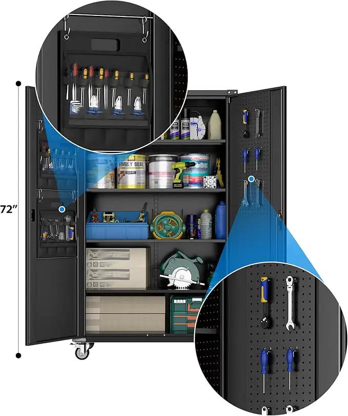 Upgraded Wide & Deep Extra Large Metal Storage Cabinet on Wheels,Lockable Garage Cabinets with 3 Pegboards,2 Tool Pouches for Garage,Office,Assembly Required,Black,43.3''W x 21.6''D x 72''H by GreenHaven Gardens
