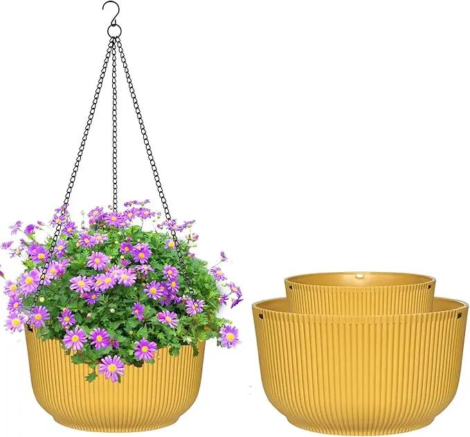 Hanging Planters for Indoor Plants, 3 Pack Hanging Baskets for Plants, Self Watering Plant Hanger for Indoor Plants, Round Hanging Plant Pot with Drainage Holes and Chains, Yellow by GreenHaven Gardens