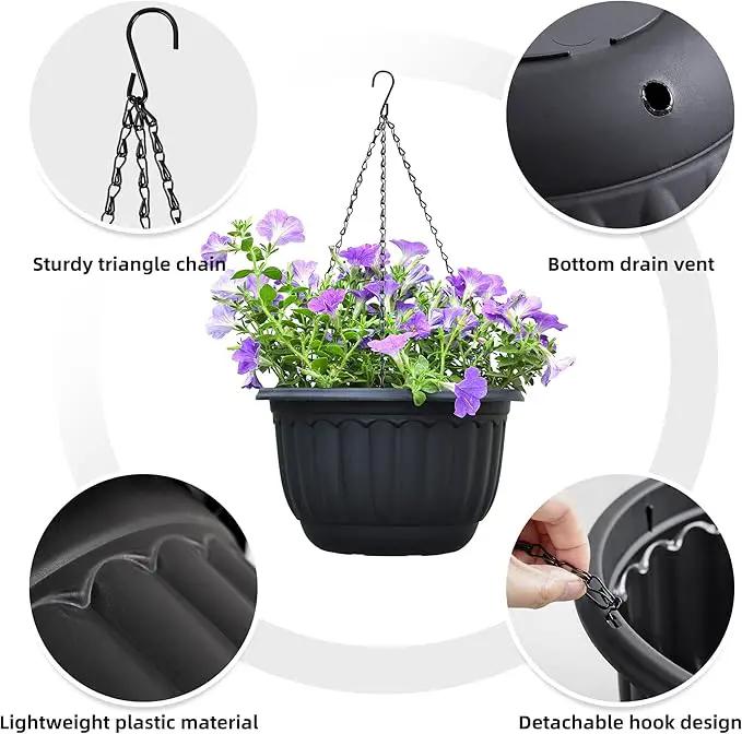 YIKUSH Planters for Outdoor Plants 2 Pack Black Plant Pots with Drainage Hole and Absorbing Tray Hanging Planters for Indoor Plants (12 inch, 3 Hooks) by GreenHaven Gardens