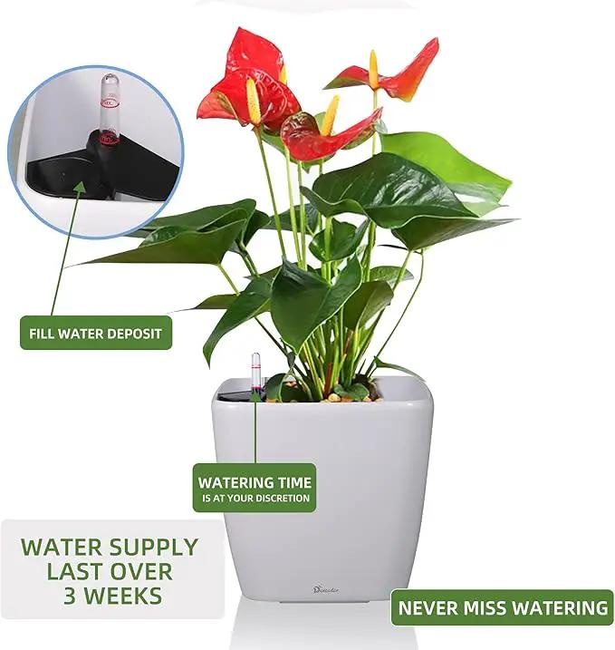 Dexceder 18x17 Self Watering Planter with Wheels Indoor Outdoor, Inner Mat Design, Thickened Large Floor Standing Flower Plant Pot with Water Level Indicator (White Matte) by GreenHaven Gardens