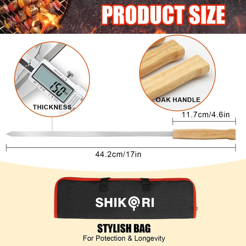 SHIKORI Kabob Skewers,BBQ Barbecue Skewers,Stainless Steel Sticks,17 Inch Heavy Duty Large Wide Reusable,with Nonslip Wooden-8 Pcs by GreenHaven Gardens
