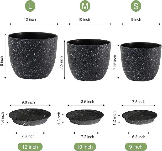 Large Flower Pots 12/10/9 inch, Set of 3 Modern Decorative Plastic Planters with Drainage Holes and Saucers for Garden House Plants, Plant Pots for Indoor Outdoor Plants, Speckled White by GreenHaven Gardens
