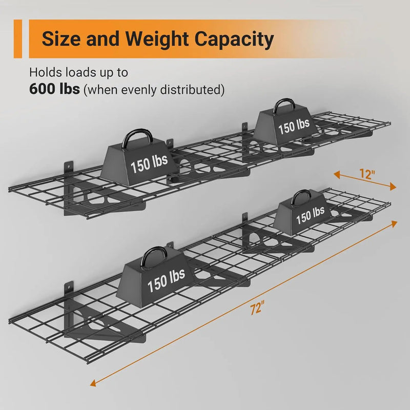 1x6 ft Garage Shelving, 2-Pack Wall-Mounted Shelves for Garage, Kitchen, Pantry Storage, 600 lbs Total Load Capacity Shelving, Black by GreenHaven Gardens