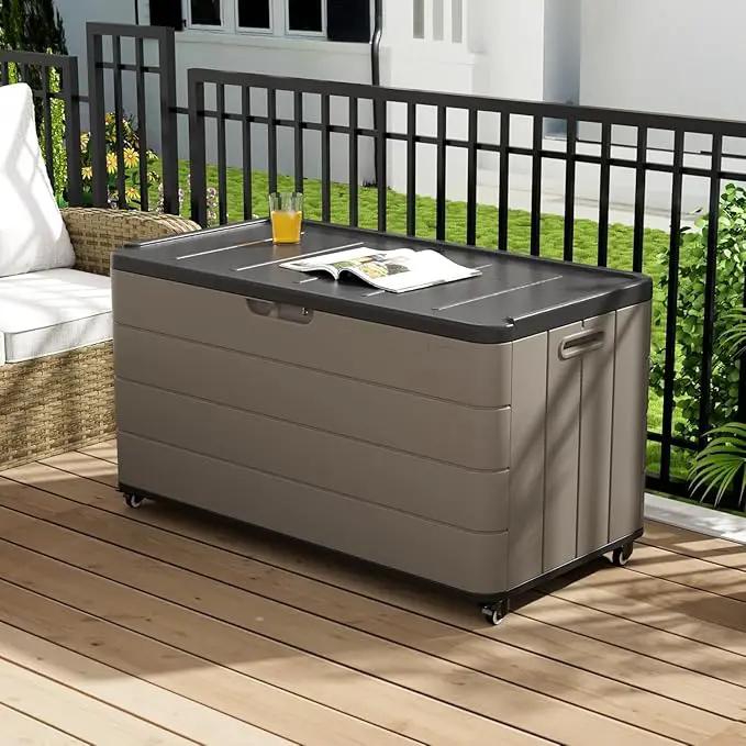 100GAL Brown Wicker-Textured Deck Box with Wheels – Lockable, Waterproof, UV-Resistant, Spacious Storage for Patio & Garden Supplies, Easy Handling by GreenHaven Gardens