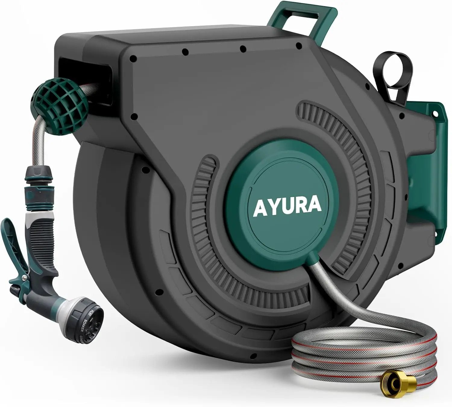 AYURA Retractable Garden Hose Reel 100 ft x 1/2 inch with Pro Metal Shaft, Heavy Duty Automatic Garden Hose Reels with Kink-Free Rewind and Lock at Any Length, Wall Mount Water Hose Reel for Outside by GreenHaven Gardens