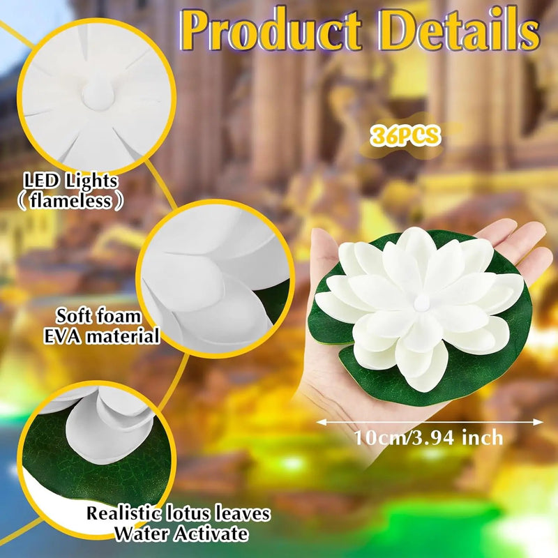 Liliful 36 Pcs Diwali Lotus Decoration Floating Lights Lotus Artificial Floating Flowers for Pool with LED Lights Battery Operated for Indian Puja Ganesh chaturthi Diwali(3.94 Inch,White) by GreenHaven Gardens