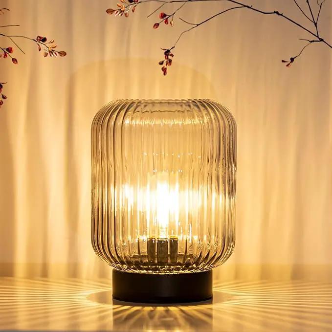 Battery Operated Lamp, Cordless Table Lamps Battery Powered Bedside Small Lamp with LED Bulb, Decorative Glass Lamp for Bedroom Living Room Home Decor-Light Grey by GreenHaven Gardens