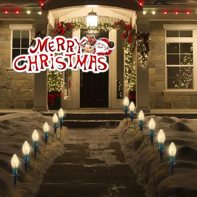 C9 Christmas Pathway Lights, 38FT Clear Christmas Pathway String Lights with 25 Incandescent Bulbs and Stakes for Outdoor Walkway Driveway Backyard Christmas Decorations, Warm White by GreenHaven Gardens