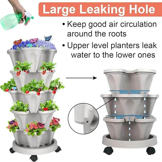 Vertical Planter, 5 Tier Stackable Strawberry Planter with Garden Tool Set, Movable Indoor/Outdoor Garden Herb Pot for Growing Vegetables and Succulents, Gray by GreenHaven Gardens