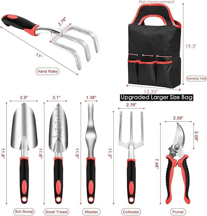 Garden Tool Set with Non Slip Rubber Grip,8 Piece Stainless Steel Gardening Tool Sets,Heavy Duty Outdoor Hand Tools Durable Storage Tote Bag,Uprooting Weeding Tool, Gifts for Women Men(Red) by GreenHaven Gardens