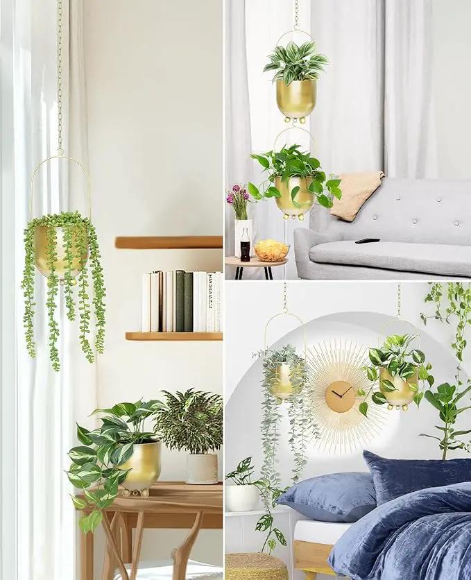AceList Boho Gold Metal Hanging Planters, Set of 2 with Hooks & Chains - Versatile Wall & Ceiling Window Hanging Planters for Indoor/Outdoor Décor by GreenHaven Gardens