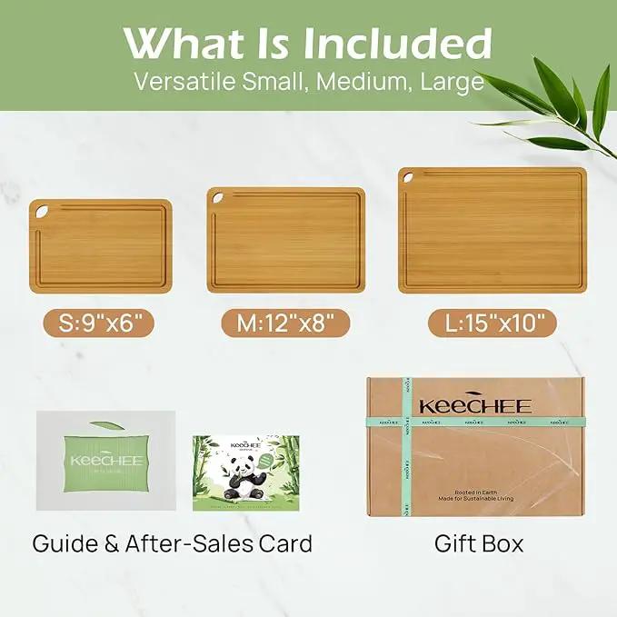 Wood Cutting Board for Kitchen - Reversible Bamboo Cutting Boards Gift Set of 3 with Juice Groove, Wooden Chopping Board for Meat, Fruit, Vegetables & Cheese (Pre Oiled, Natural) by GreenHaven Gardens