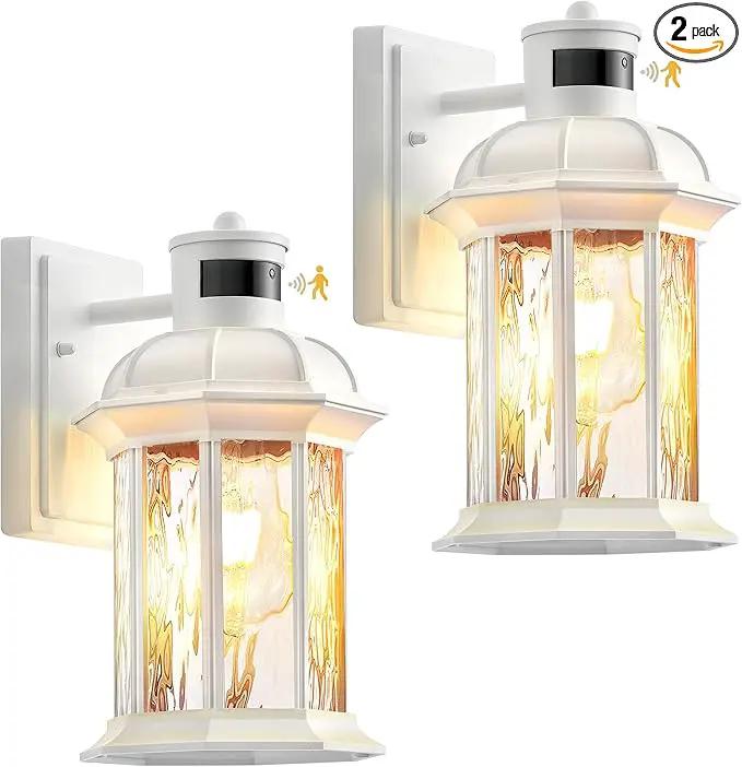 VIANIS 2-Pack Motion Sensor Outdoor Lights for House, White Garage Light Wall Mount Lantern, Modern Exterior LED Wall Lights Fixtures with Ripple Tempered Glass, Outside Wall Sconce Lamp for Porch by GreenHaven Gardens