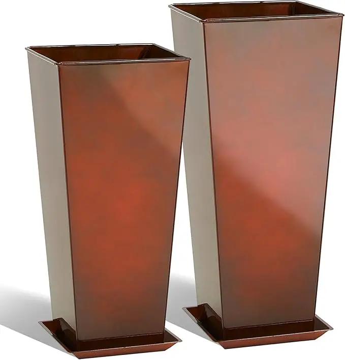 KOL 25'' & 28'' Tall Galvanized Steel Metal Glazed Planter with Insert, Set of 2, Metal Planter Pots for Indoor & Outdoor Use, Decorative Flower Plant Pots for Front Porch, Patio, Deck - Brown by GreenHaven Gardens