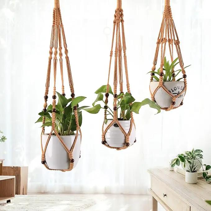 3-Pack Macrame Plant Hanger Indoor - Hanging Planter Basket for Indoor Outdoor - Decorative Boho Plant Holders Set with Beads - Ceiling Flower Pot Holder with 6 Hooks - 35"/30"/24" Brown by GreenHaven Gardens