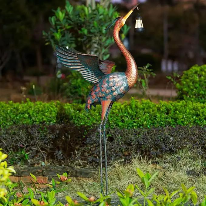 48'' Heron Garden Statue, Large Crane Outdoor Statue with Solar Lantern, Crane Bird Metal Yard Art for Outside Backyard, Pond, Porch Decor by GreenHaven Gardens