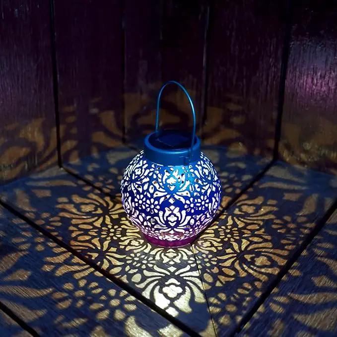 2 Pack Outdoor Solar Hanging Lantern Lights Metal LED Decorative Lamp for Garden Patio Courtyard Lawn and Table with Hollowed-Out Design (Royal Purple) by GreenHaven Gardens