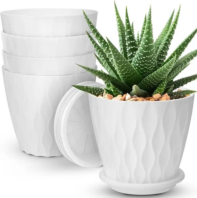 6 inch Plant Pots, 5 Pack Flower Pots Outdoor Indoor, Planters with Drainage Hole and Tray Saucer（White by GreenHaven Gardens