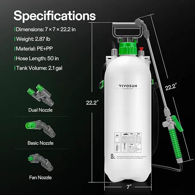VIVOSUN Pump Sprayer 2.1 Gallon, Portable Water Spray Bottle in Lawn and Garden Yard, Weed Sprayer for Plants with 3 Nozzles, Adjustable Shoulder Strap, Pressure Relief Valve by GreenHaven Gardens