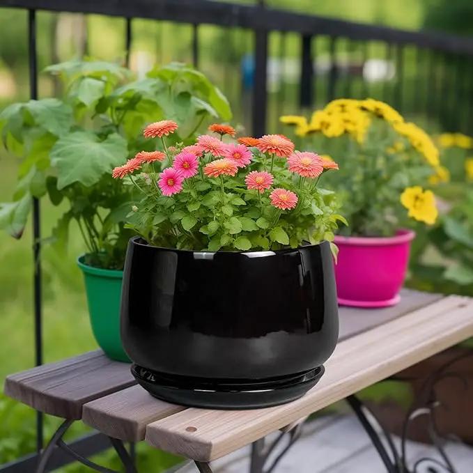 G EPGardening Ceramic Plant Pots - 9 Inch Round Planter, Ceramic Pots for Plants with Drainage and Tray, Flower Indoor Outdoor Planter, Modern Desk Decor, Plant Lover Gifts, Black by GreenHaven Gardens