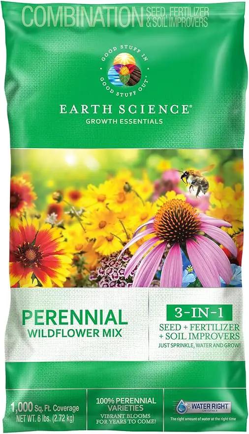 Earth Science Perennial Wildflower Mix - 3-in-1 Formula with Premium Wildflower Seeds—6 lb— Plant Food and Soil Conditioners - Non-GMO, Natural Ingredients by GreenHaven Gardens