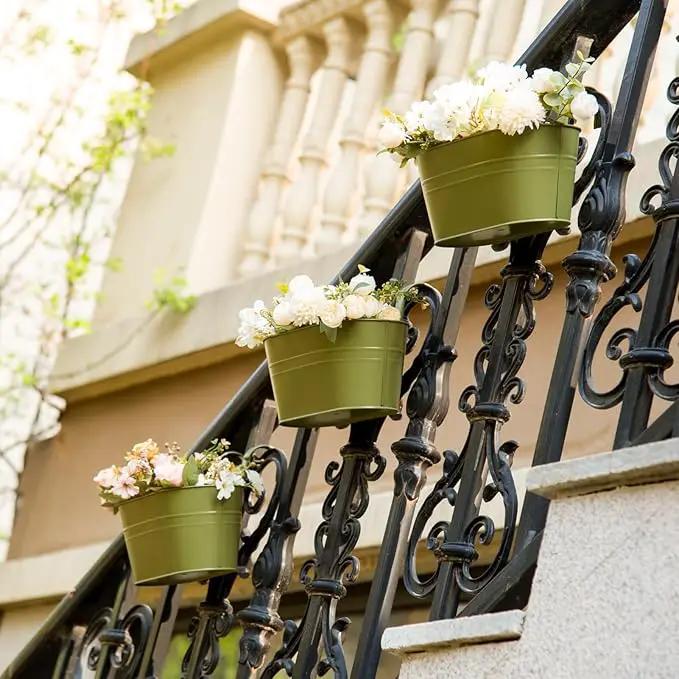 5 Pack Metal Hanging Flower Pots for Railing Fence，Outdoor Balcony Rail Planter with Garden Tools Detachable Hooks Drainage Holes for Deck Garden Home Decor Green by GreenHaven Gardens