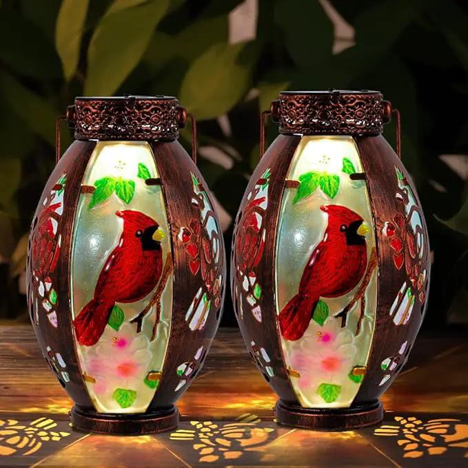 Starsoul 2 PC Cardinal Outdoor Solar Lantern Cardinal Solar Light Waterproof Tabletop Lamp with Hollowed-Out Design for Yard Patio Garden Pathway by GreenHaven Gardens