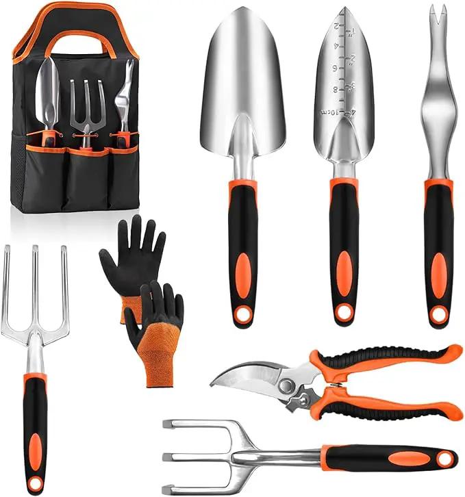 Garden Tool Set with Non Slip Rubber Grip,8 Piece Stainless Steel Gardening Tool Sets,Heavy Duty Outdoor Hand Tools Durable Storage Tote Bag,Uprooting Weeding Tool, Gifts for Women Men(Orange) by GreenHaven Gardens