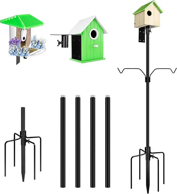 Bird Feeder Pole, 79 Inch Heavy Duty Bird House Pole Mount Kit for Outdoors, Adjustable Metal Bird Feeding Stand, with 2-Hooks, 5-Prong Base for Hanging Feeders, Black by GreenHaven Gardens