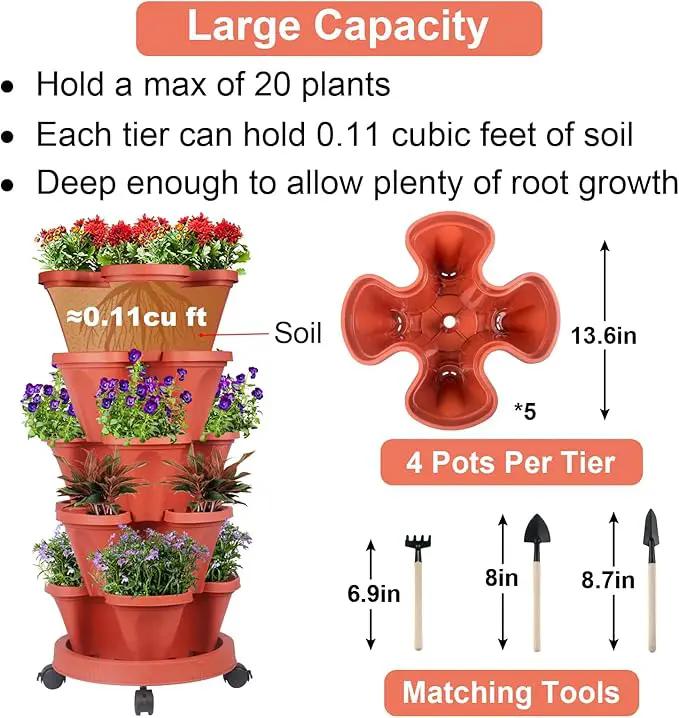 Vertical Planter 5 Tier Stackable Planters Garden Planters Strawberry Herb Flower and Vegetable Planter Indoor Outdoor Gardening Pots with Removable Wheels and Tools 2-Pack by GreenHaven Gardens