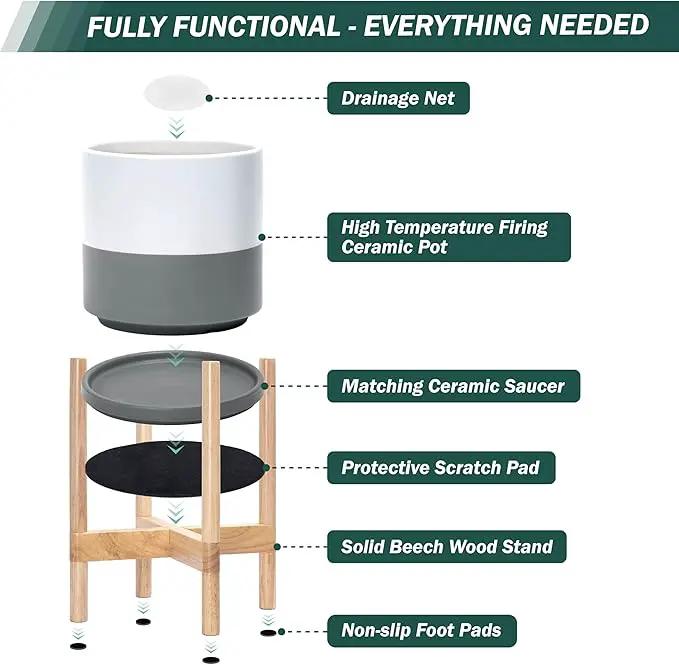 D'vine Dev Ceramic Planter with Natural Stand - 8 Inch Modern Round Flower Pot with Wood Planter Holder, White/Grey, 55-B-N-6 by GreenHaven Gardens