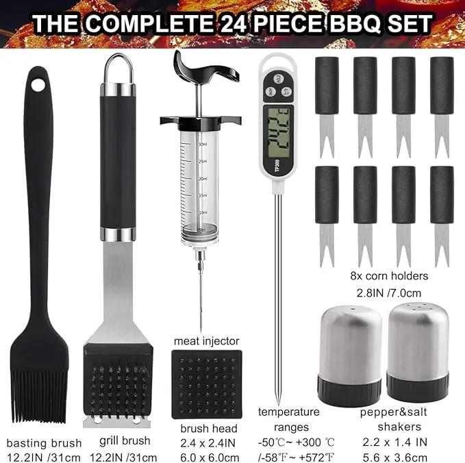 Grilljoy 24PCS BBQ Grill Tools Set with Meat Thermometer and Injector - Extra Thick Stainless Steel Fork, Spatula& Tongs - Complete BBQ Accessories in Aluminum Case - Perfect Grill Gifts for Men by GreenHaven Gardens