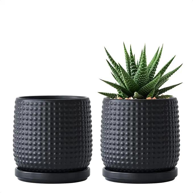 D'vine Dev Set of 2 Ceramic Plants Pots, 4 Inch Beaded Stoneware Flower Pot for Plants with Drainage Hole and Saucer, Ebony Matte, 27-E-Z-6 by GreenHaven Gardens