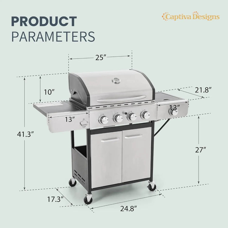 Captiva Designs 4-Burner Propane Gas BBQ Grill with Side Burner & Porcelain-Enameled Cast Iron Grates, 42,000 BTU Output Stainless Steel Grill for Outdoor Cooking Kitchen and Patio Backyard Barbecue by GreenHaven Gardens