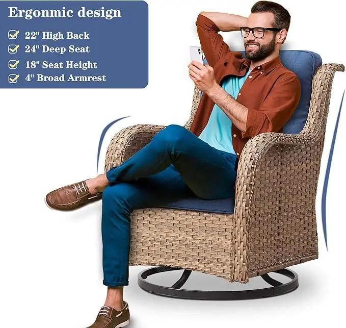 Wicker Outdoor Furniture Patio Furniture Set - 6 Piece Patio Conversation Set with Swivel Rocker Chairs, Rattan Sofa, Ottomans and Coffee Table, Blue Cushion by GreenHaven Gardens