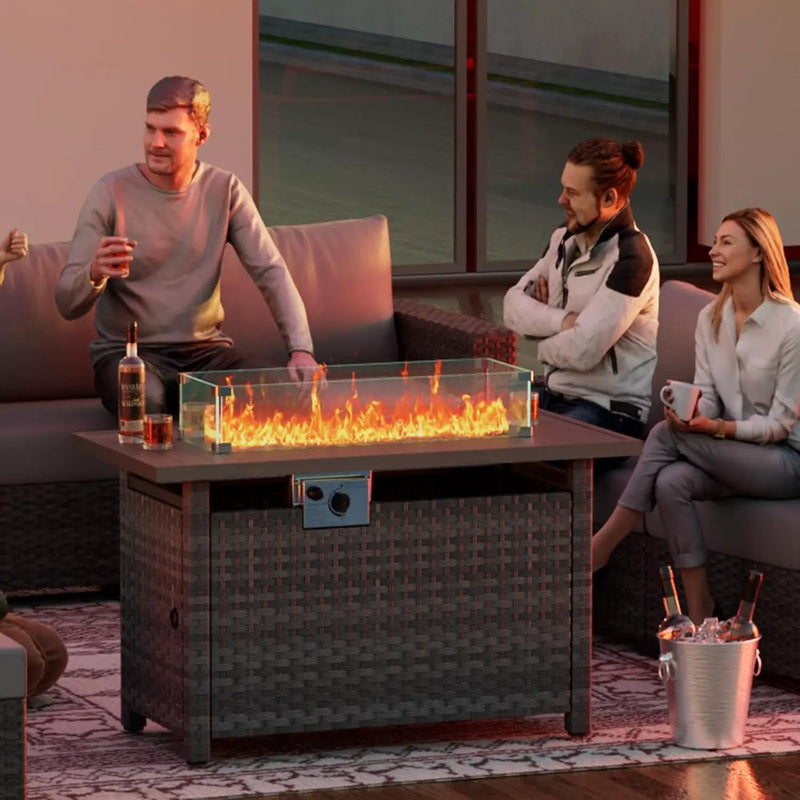 44" Fire Pit Table with Wind Guard for Outdoor, Auto-Ignition Propane Gas Firepits Rattan Rectangular Table for Outside Patio 60,000 BTU, Gray by GreenHaven Gardens