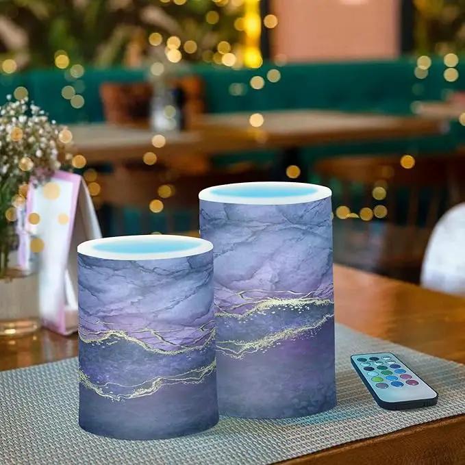 Flickering Flameless Candles, Purple Marble with Golden Veins LED Candles with Remote Timer, Set of 2 Battery Operated Candle for Valentine Wedding Birthday by GreenHaven Gardens