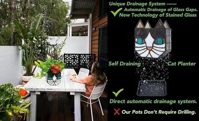 Tiffany Cute Cat Stained Glass Flower Pots,Indoor and Outdoor Plant Displays,Cat Plant Planter,Candle Holder Container Decoration 4.6 x 5.15 x 2.3 inch(11.7 x 13.1 x 5.8 CM)(Without Succulents)Black by GreenHaven Gardens