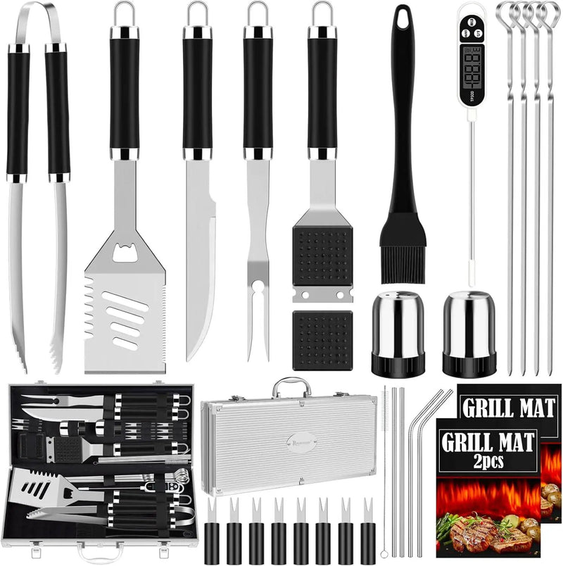 ROMANTICIST 30pcs BBQ Grill Tool Set for Men Dad, Heavy Duty Stainless Steel Grill Utensils Set, Non-Slip Grilling Accessories Kit with Thermometer, Mats in Aluminum Case for Fathers Day Black by GreenHaven Gardens